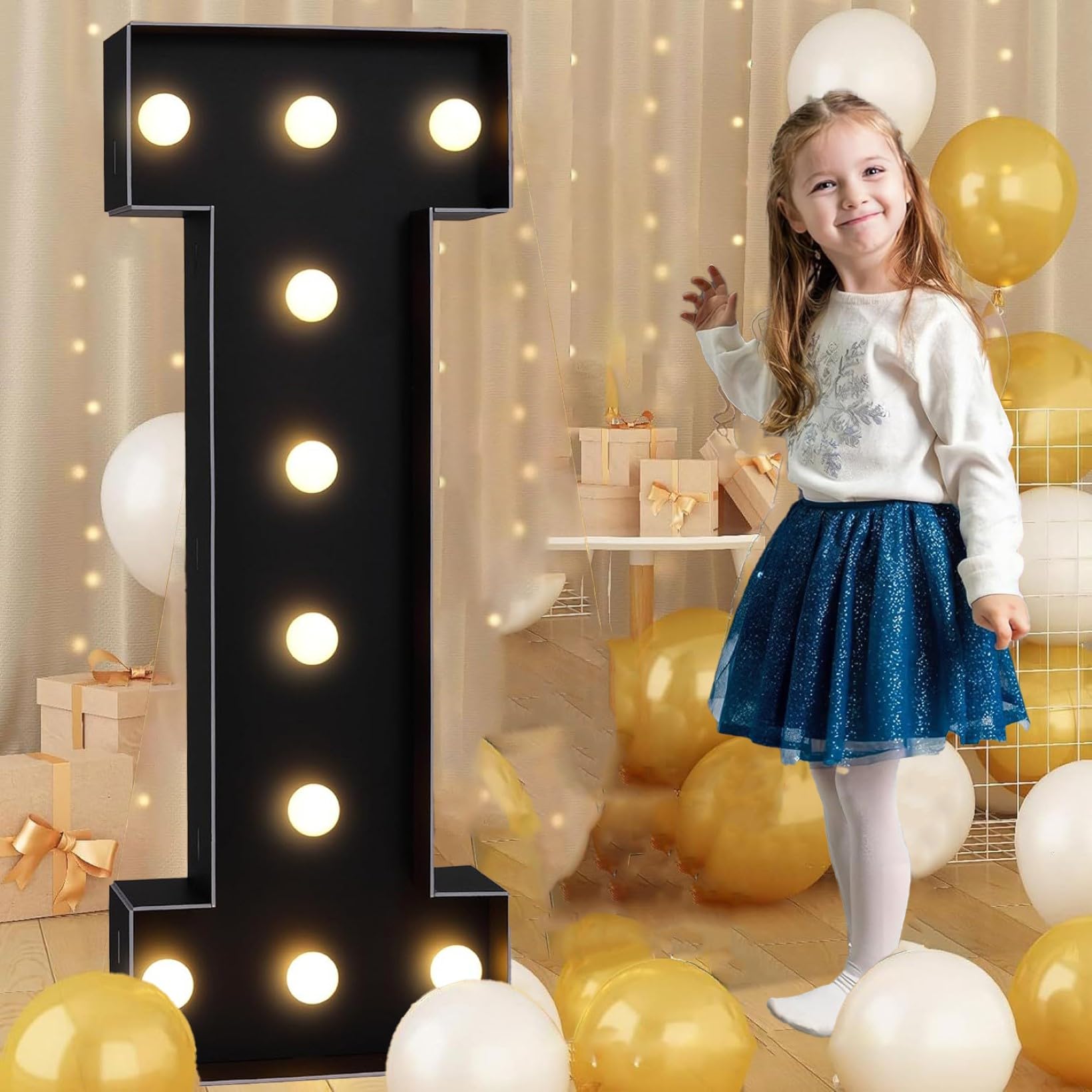 Black Marquee Light Up Letter I, Letter LED Light Sign Pre-cut Foam Glowing Mosaic Light Decor for Birthday Proposal Anniversary Wedding, 70CM/2.3FT