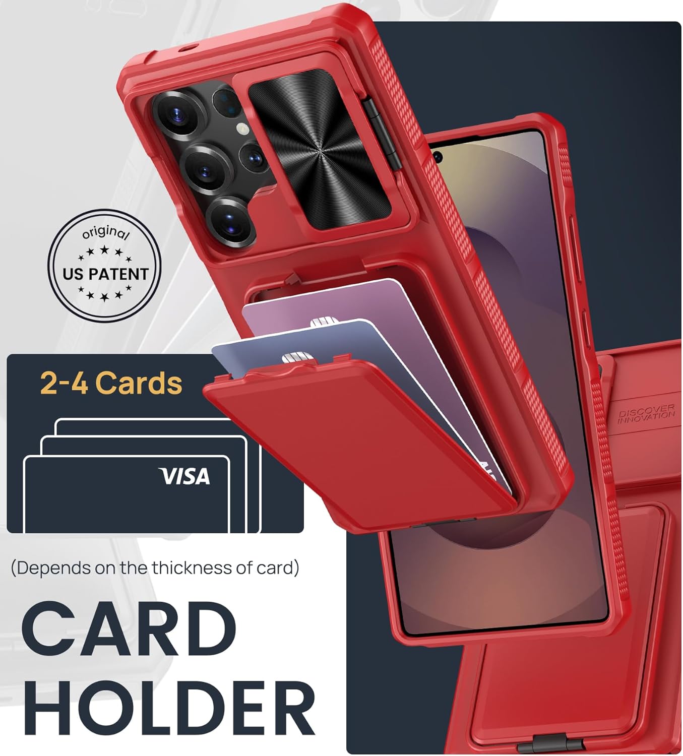 SSLOTSCASE for Samsung Galaxy S25 Ultra Case with Wallet & Stand & Sliding Camera Lens Cover & Card Holder, Heavy-Duty Rugged Silicone Edge Protective Phone Case Cover for S25 Ultra 5G 6.9" 2025, Red