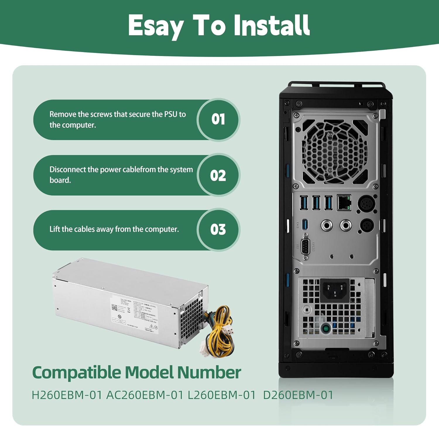 H260EBM-01 WYHR8 260W Power Supply Compatible with Dell Optiplex 3060 3050 3050MT 5050 5060 7050 7060 7070 3080 5080 7080 5090 7090 7080MT 7090MT.AC260EBM-01 L260EBM-01 D260EBM-01 J17YJ JJ4YW