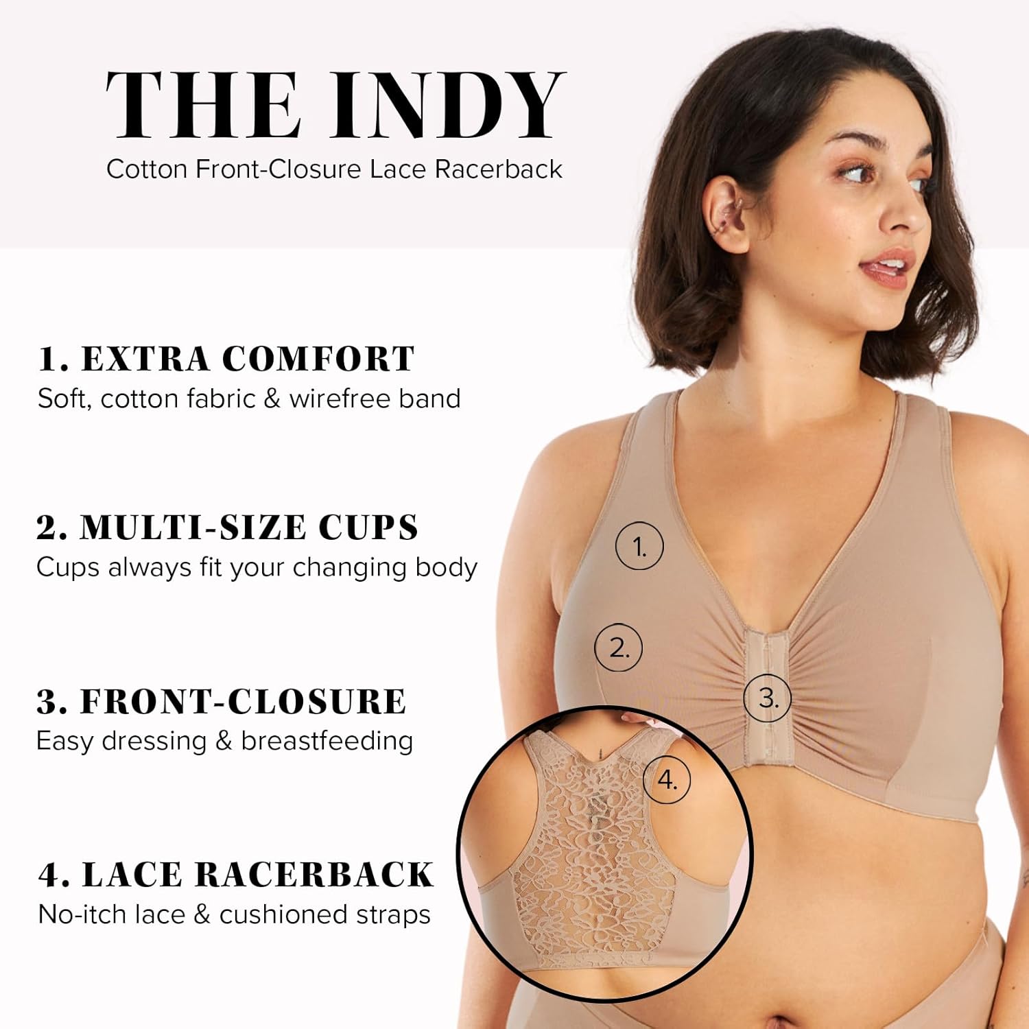 Leading Lady, Indy, Front-Closure Cotton Bra for Women, Wireless, Full Coverage, Lace Back, Non-Slip Straps, Unlined,36A-52H - Image 2