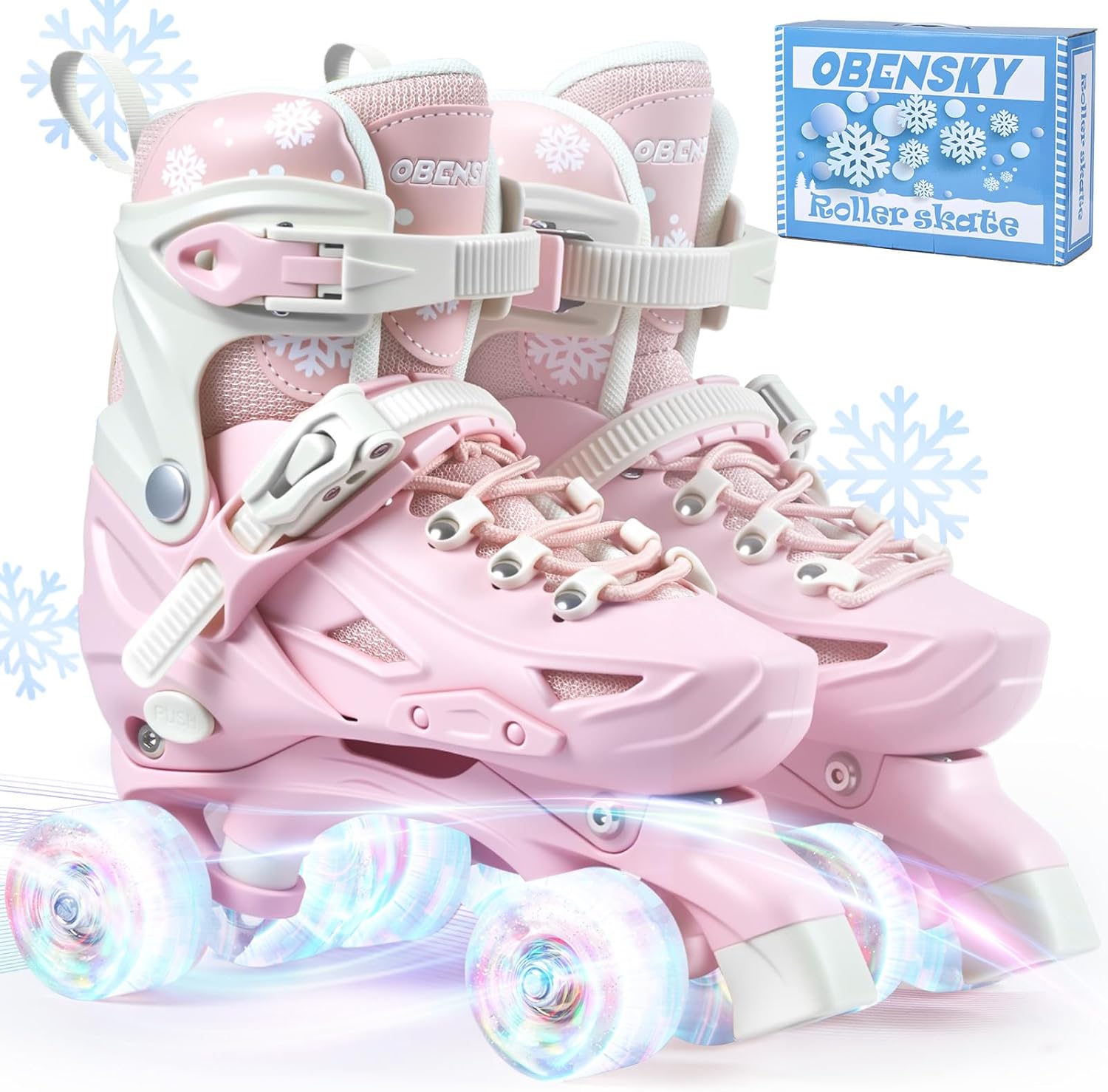 Kids Roller Skates for Girls Boys Ages 4-6 5-8 6-12 8-12, 4 Adjustable Sizes Skates Shoes with All Light up Wheels, Patines para Niñas, Birthday Gift for Indoor Outdoor, Pink & Blue
