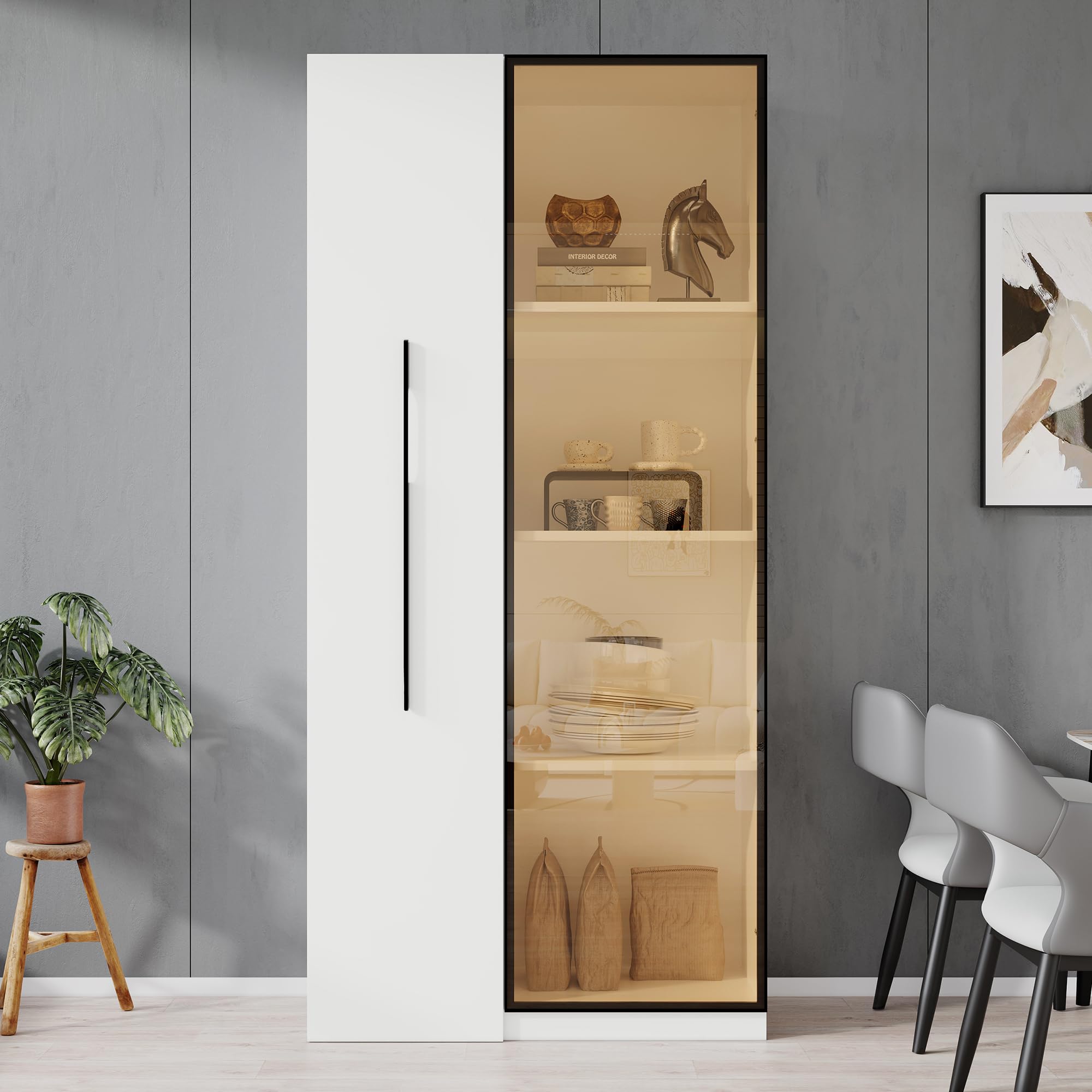Libreria multifunzione vetrina 40 x 70 x 160 cm, con ante in vetro temperato, telaio in alluminio, 1 porta, 1 cassetto laterale, ruote, bianco