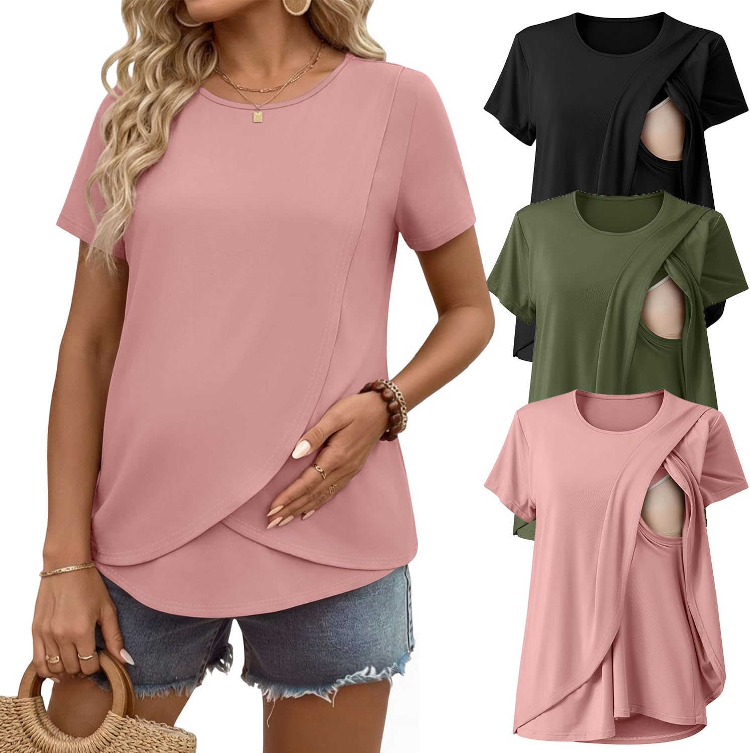 Ekouaer Nursing Shirts 3 Packs Short Sleeve Breastfeeding Tops Summer Maternity T Shirts Postpartum Double Layer Clothes