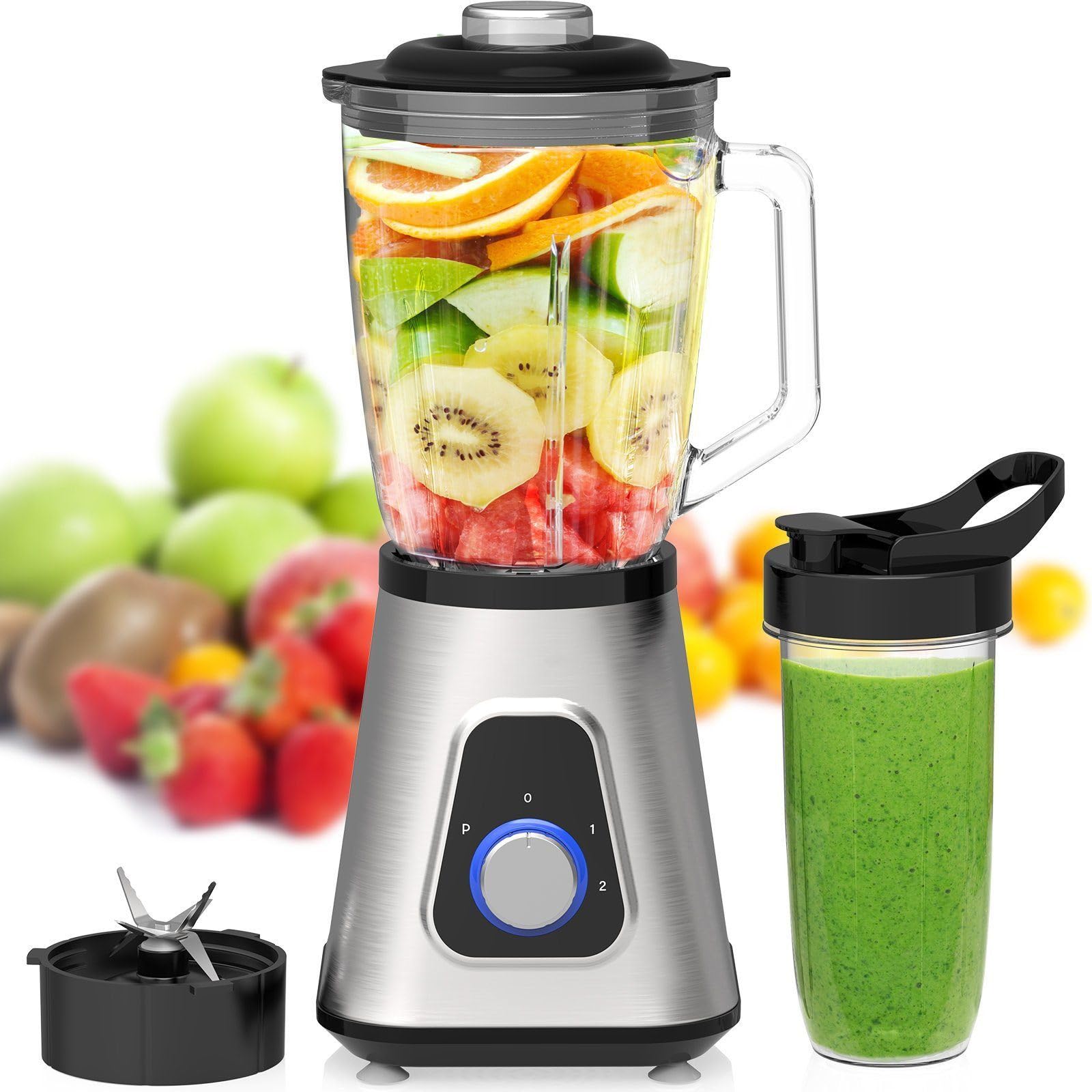 iceagle Mikser stojący Smoothie Maker – blender elektryczny 1300 W | mikser 2 w 1, dzbanek 1,5 l i kubek 600 ml, funkcja Ice-Crush, 2 poziomy prędkości, funkcja pulsu, 22000 obr./min dla gładkiej