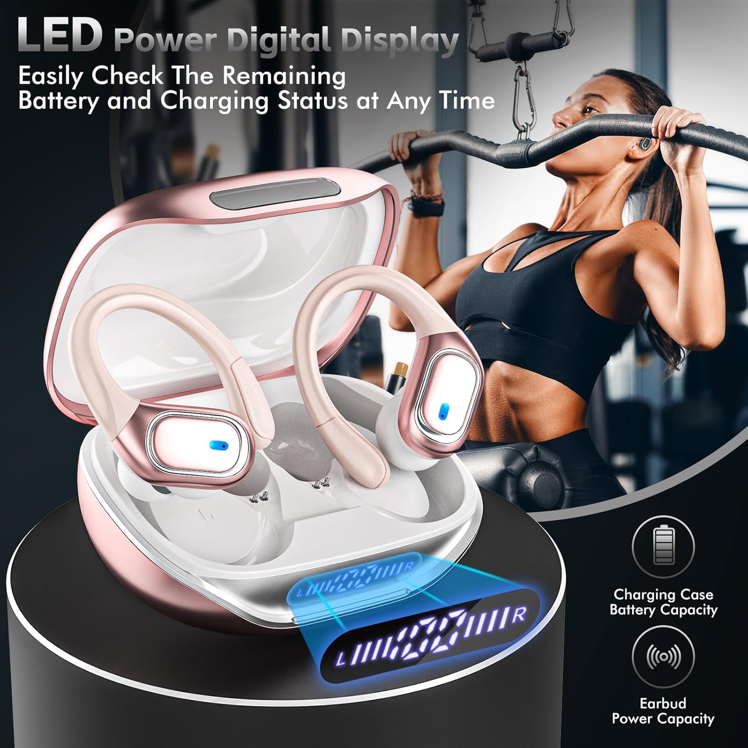 Wireless Earbuds Bluetooth 5.3 Headphones with 80H Playback, IPX7 Waterproof Over Ear Buds with LED Power Display for Sports Running Workouts-Rose Gold - Image 7