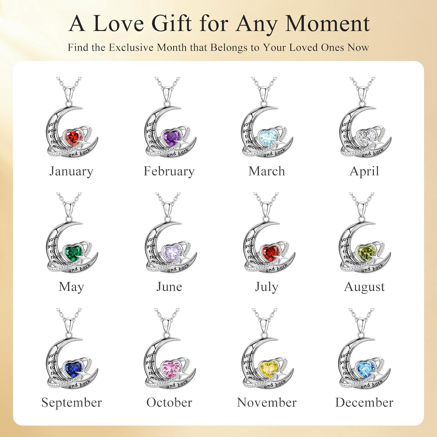 S925 Sterling Silver Moon Necklace for Women, I Love You to The Moon and Back Heart Birthstone Crescent Moon Star Pendant, Personalized Birthday Christmas Jewelry Gifts for Her/Mom/Wife - Image 7