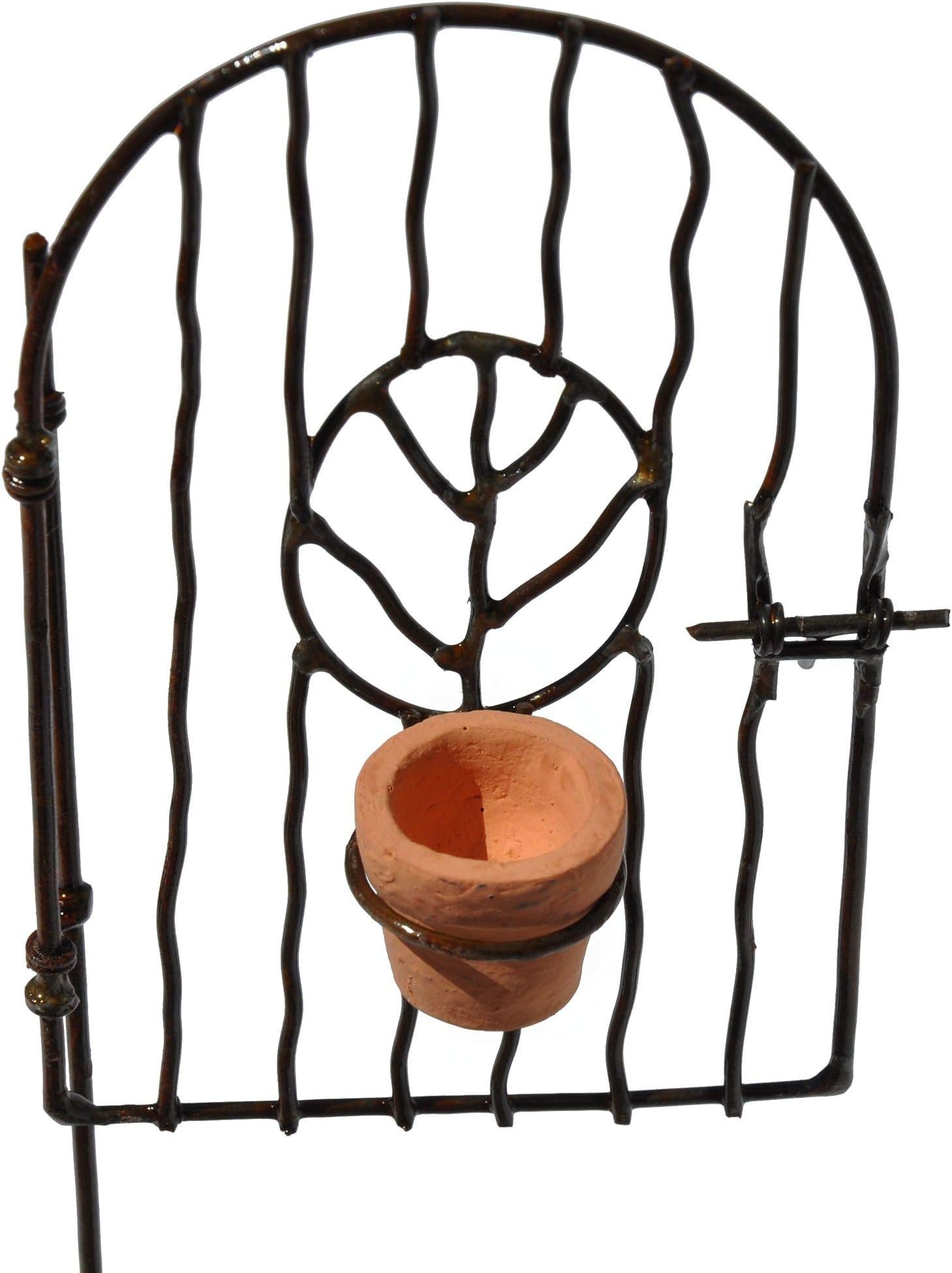 Miniature Fairy Garden Vine Gate with Pot - Swinging Gate Pick - 4.75 Inches Tall