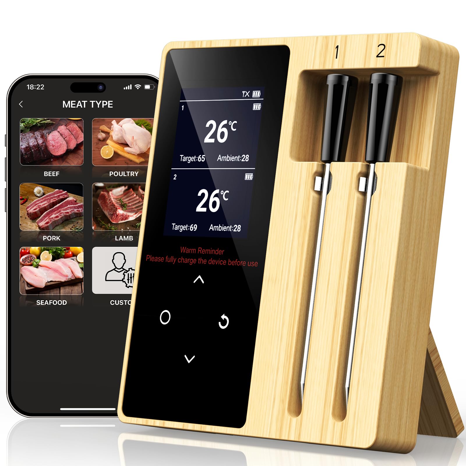 Termometro Cocina Inalámbrico con 2 Sondas, Meat Thermometer con Pantalla LCD, Inteligente APP, Función de Alerta, IP67 Resistente al Agua, Termometro Digital Cocina para Barbacoa, Ahumador, Horno