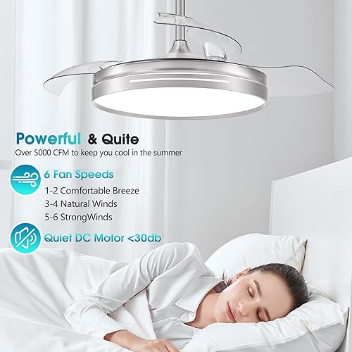 Miniatura 5 de Ventilador de techo retráctil con control remoto de luces, regulable de 42 pulgadas, moderno ventilador de techo para dormitorio, sala de estar, LED