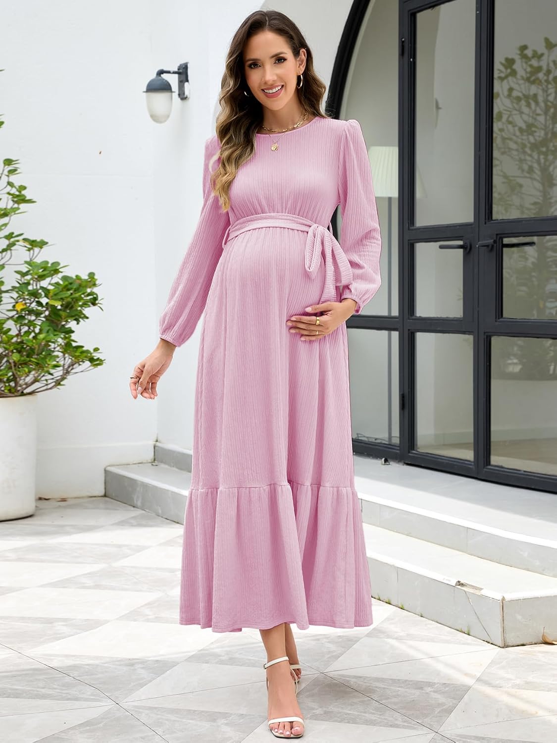 Women's Maternity Maxi Dress with Belt Long Sleeve Crew Neck Pregnancy Dresses with Pockets Baby Shower Photoshoot - Image 3