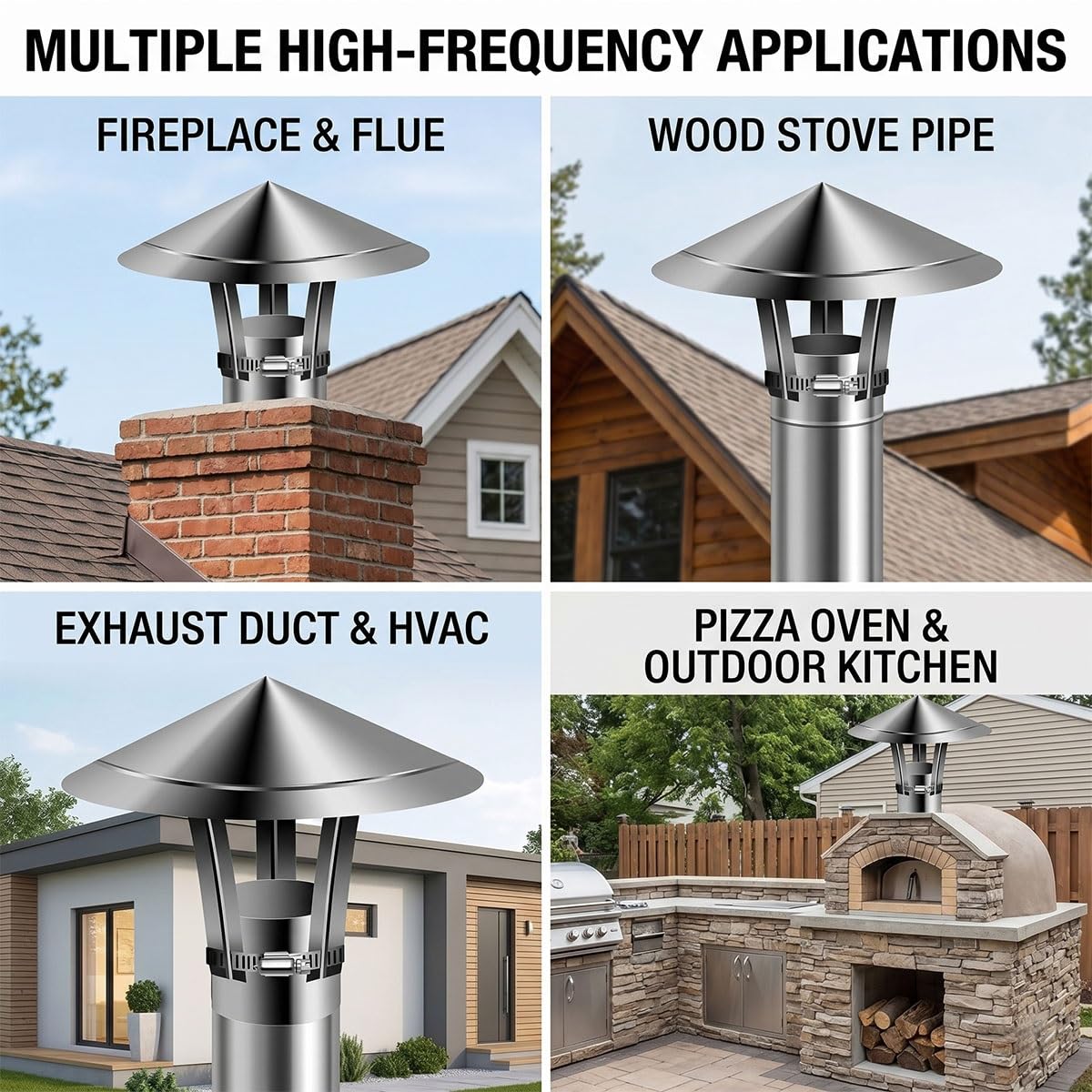 Sombrero de Chimenea Redondo en Acero Inoxidable Tapa Antilluvia para Tubo de Estufa Caperuza Salida de Humos Cubierta Protectora de Techo con Abrazadera Ajustable Antiviento(300mm)