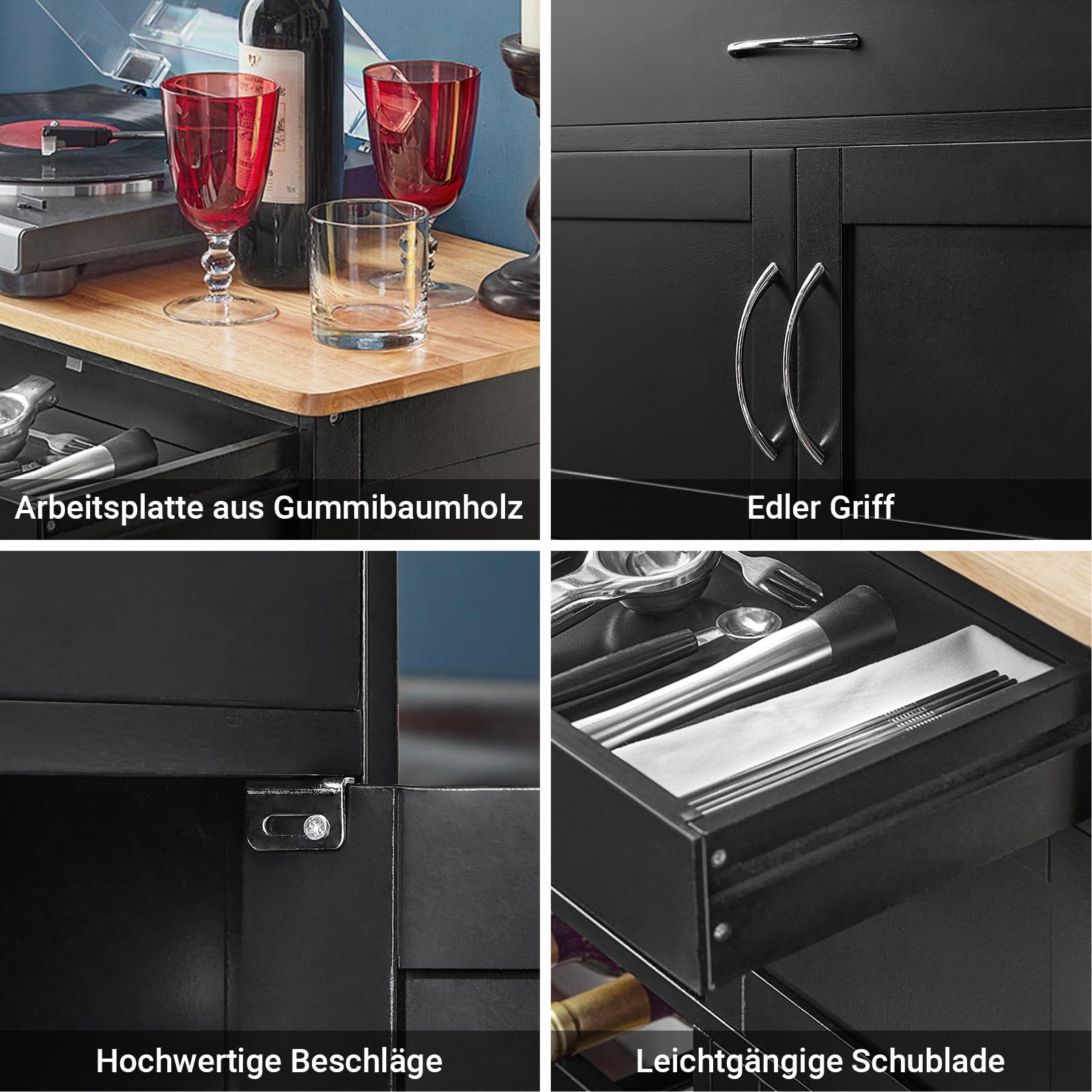 SoBuy Servierwagen mit Rollen und Weinregal 67x87x38 cm Küche und Outdoor | Küchenwagen mit Arbeitsplatte - Mobile Kücheninsel mit Schublade für kleine Küchen, Kaffee- & BBQ-Station MDF FKW45-SCH