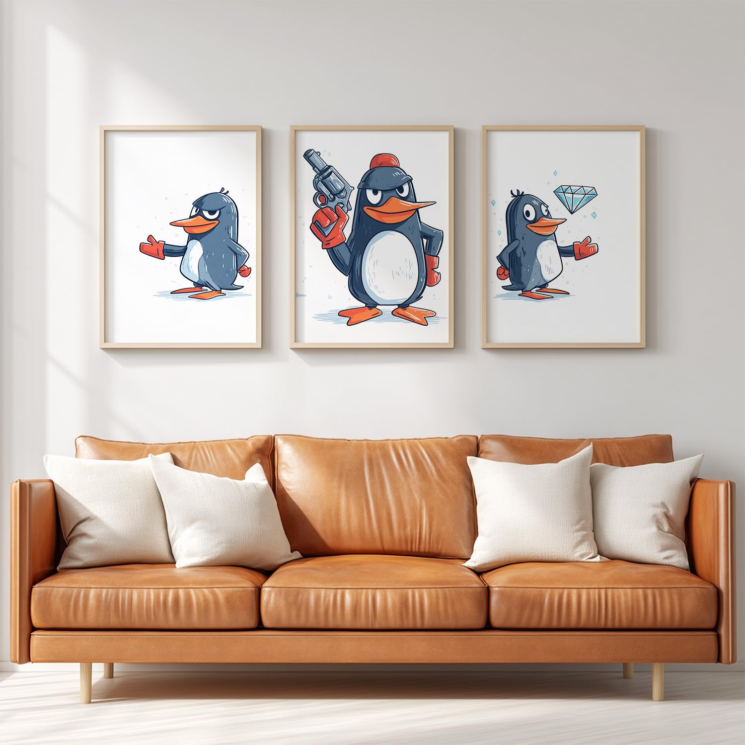 Generisch Amerykańskie obrazy z kreskówek, 3-częściowe, 40 x 50 cm, dekoracja ścienna z pingwinem, słodkie, humorystyczne, zabawne, kapryśne, plakat na płótnie, na parapetówkę, urodziny, rocznicę