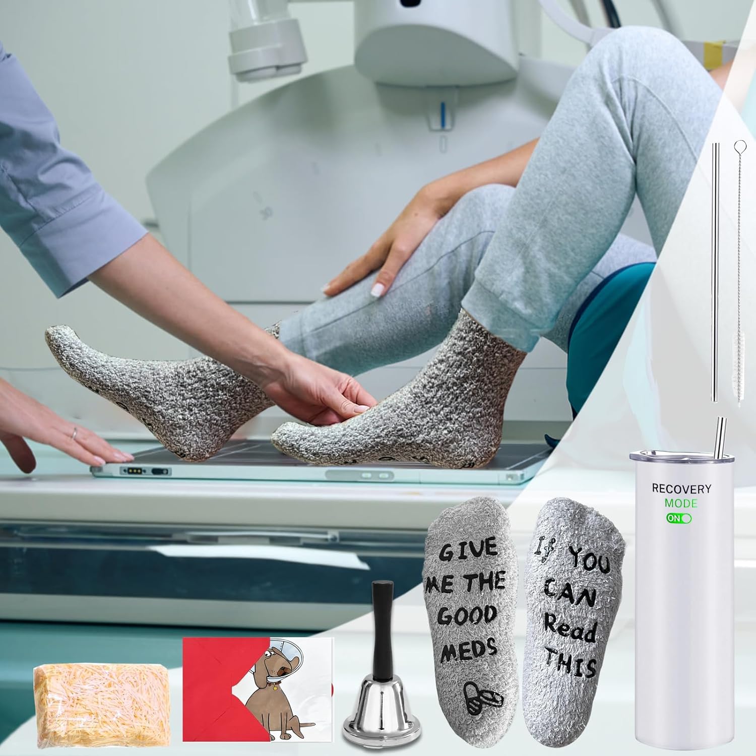 6 Pcs Funny Get Well Gift Box for Men Women 20oz Hospital Mug Fuzzy Funny Recovery Cotton Socks Silver Steel Tea Hand Bell and DIY greeting cards Get Well Soon Gifts Self Care Package