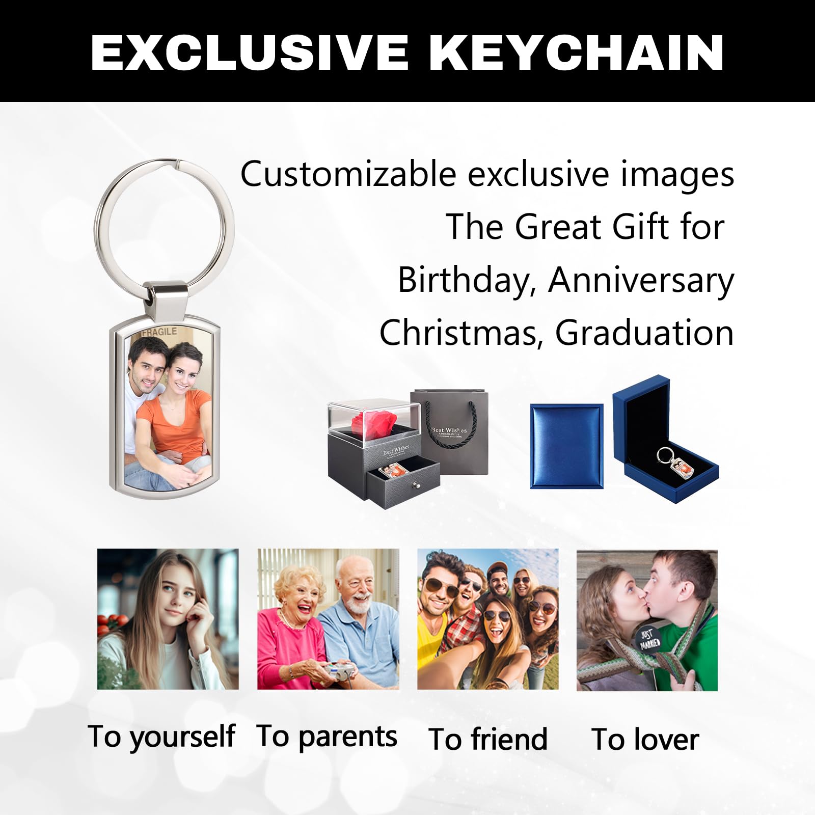 Hunjut Custom Keychain with Picture Personalized Photo Keychains Engraved Customize Key Chain Memorial Gift for Mother's Day