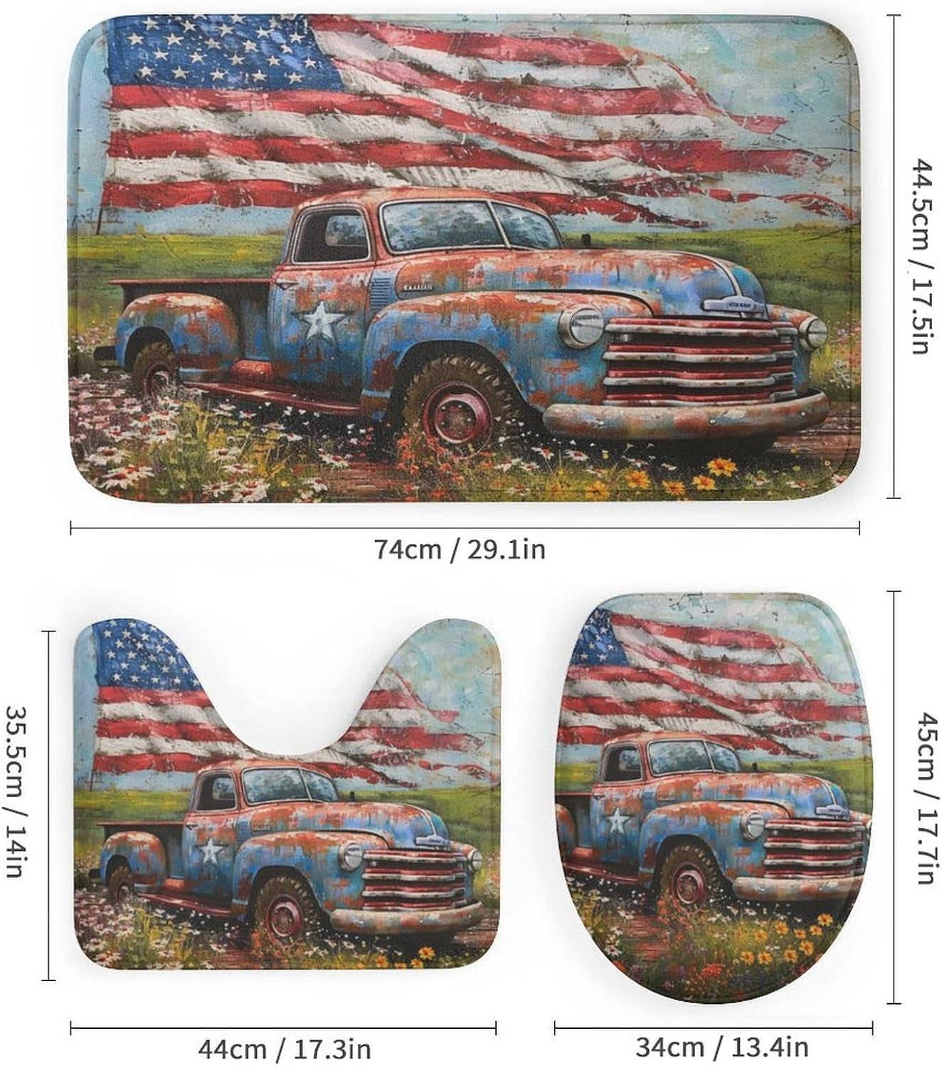 4Pcs Classic Car American Flag Shower Curtain Sets, Bathroom Decor Set with Rugs, Bath Mat Colorful Daisy USA Patriotic Shower Curtain, 72 X 72 Inch
