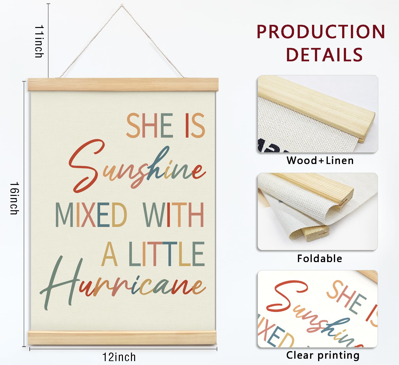 "She Is Sunshine" Canvas Wall Hanging - 12x16 Inch Nursery & Girls Room Decor, Wooden Frame