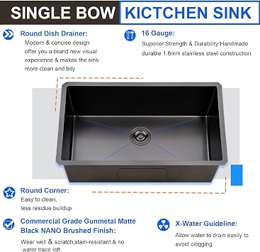28 Inch Undermount Black Kitchen Sink, 28x18 Gunmetal Black Handmade 16 Gauge Stainless Steel 9 Inch Deep Single Bowl RV Laundry Utility Sink with Strainer