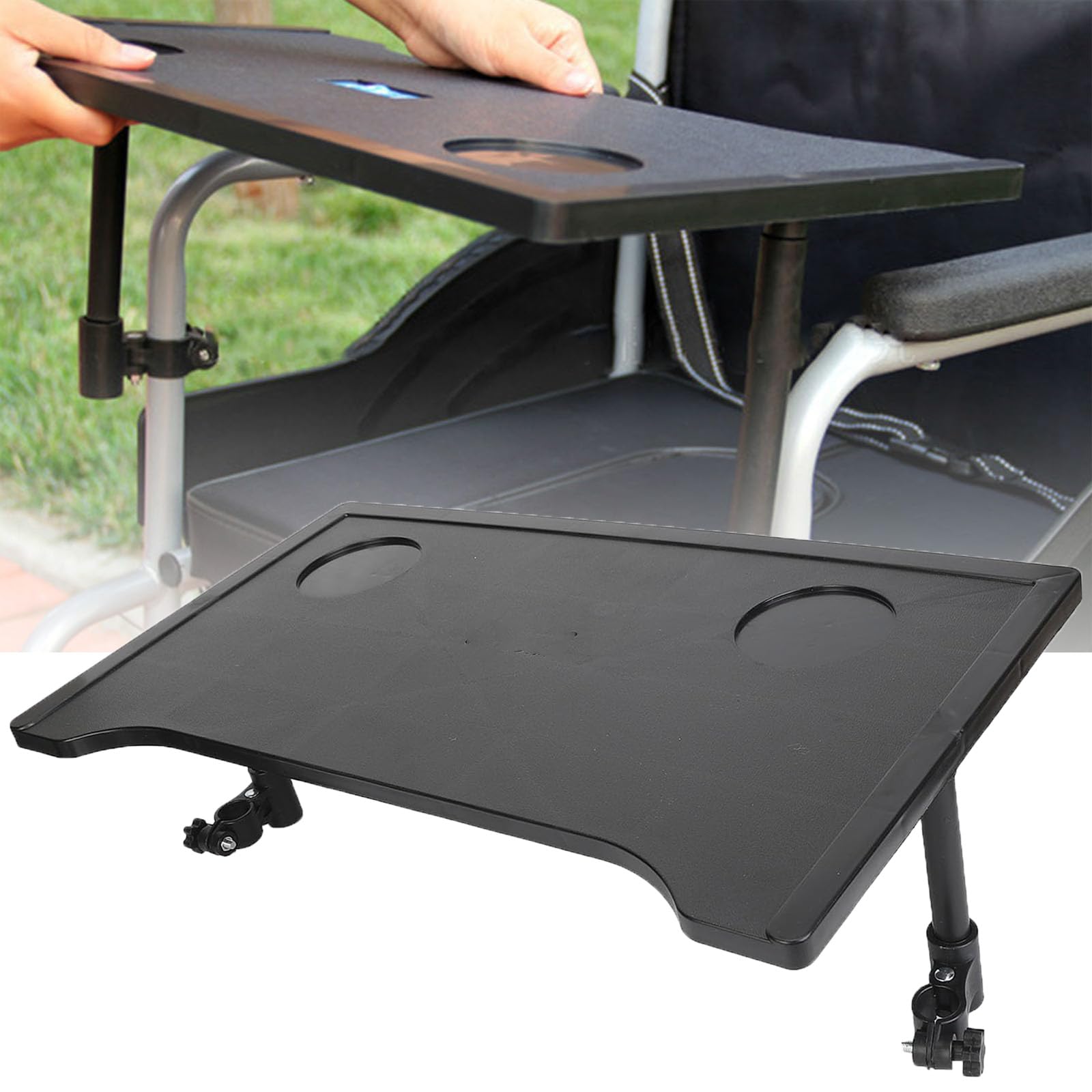 Bandeja para Silla de Ruedas de 53 × 30 cm, Mesa Auxiliar para Silla de Ruedas, Mesa portátil para Silla de Ruedas con portavasos, extraíble, Ideal para Comer, Leer y Descansar. Color Negro.