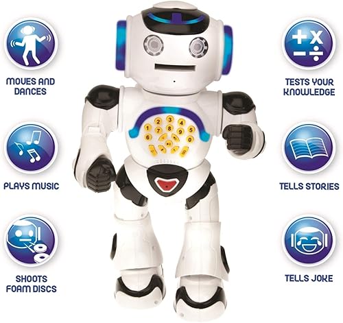 Vista 4 de LEXiBOOK Powerman - Robot de juguete con control remoto que camina y habla, baila, canta, lee historias, quiz de matemáticas, dispara discos e imita