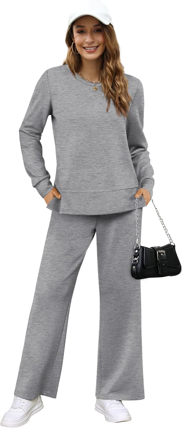 OFEEFAN Women's 2 Piece Lounge Set Travel Airport Outfits Side Slit Tracksuit Wide Leg Loungewear Baggy Comfy Sweatsuit S-3XL - Image 3