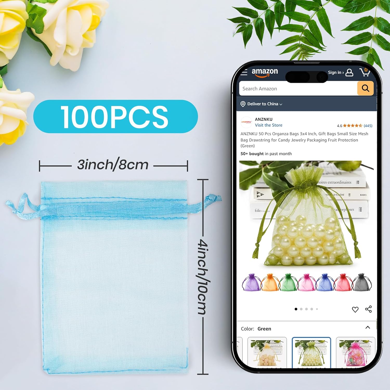 ANZNKU 100 Pcs Lake Blue Organza Bags 3×4'', Small Mesh Gift Bag Drawstring image 2