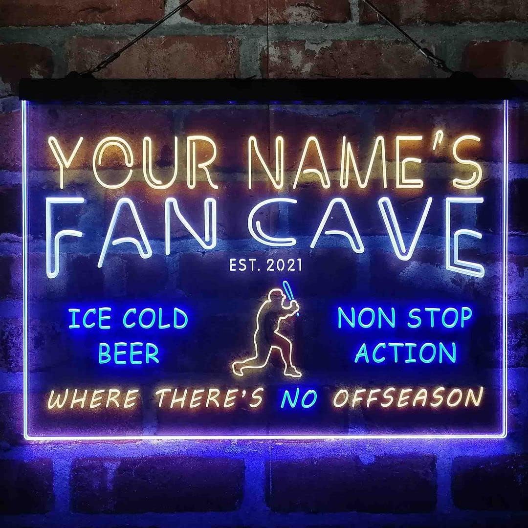 Personalized Baseball Fan Cave Tri-Color LED Neon Light Sign Customize Name Date Text Quote Font White & Blue & Yellow 17.7 x 13.6 Inches st9s43-tc1-tm-wby