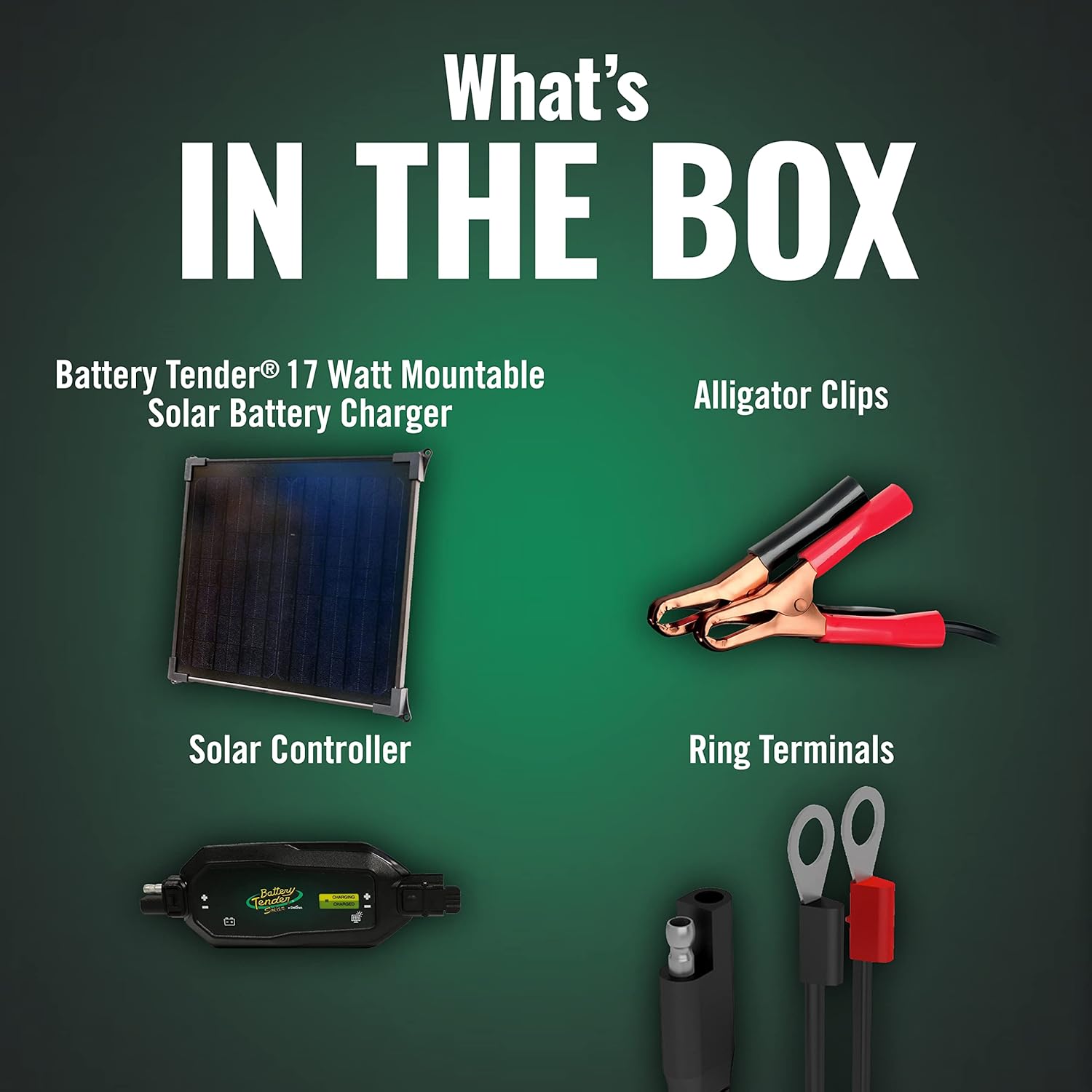 Contents of the Battery Tender 17 Watt Solar Panel kit, including the solar panel, solar controller, alligator clips, and ring terminals.