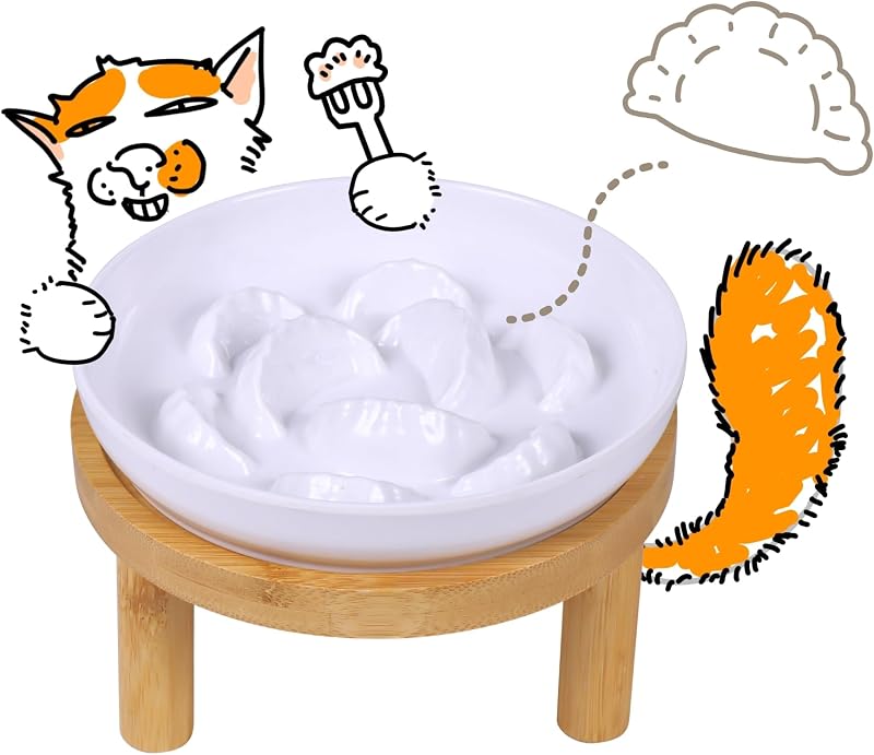 Comedouro lento elevado para gatos FullCharm com tigela rasa de melamina e suporte de bambu branco – capacidade de até 198 mL