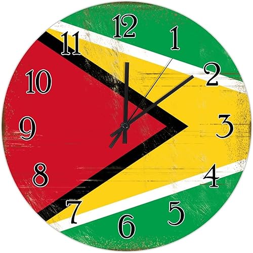 Reloj de madera de recuerdo de país de Guyana, reloj de cuarzo con pilas, silencioso de 10 pulgadas, reloj de pared redondo de 10 pulgadas,
