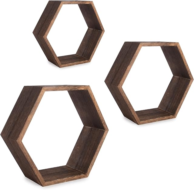 Maison & White Hexagon Floating Shelves Wood - Set of 3 | Decorative Honeycomb Wall Shelves | Wooden Shelving | Hexagonal Geometric Shelf | Home Storage | M&W