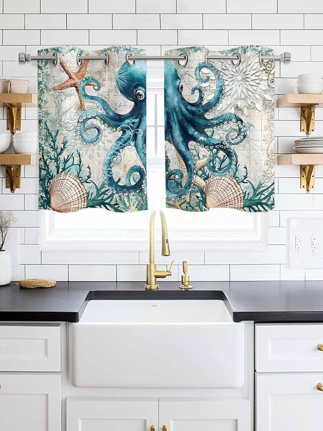 Nautical Octopus Window Curtains Panels with Silver Grommet,Coastal Vintage Coral Starfish Ocean Kitchen Cafe Curtain Draperies Window Treatment Set for Living Room/Bedroom/Bathroom/Cafe,55x39