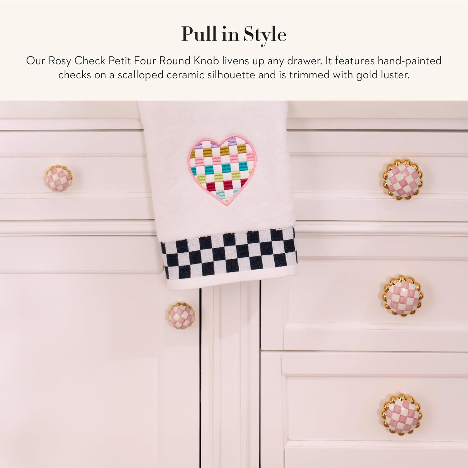 MACKENZIE-CHILDS Petit Round Knob, Decorative Drawer Pull Knob, Pink-and-White Rosy Check