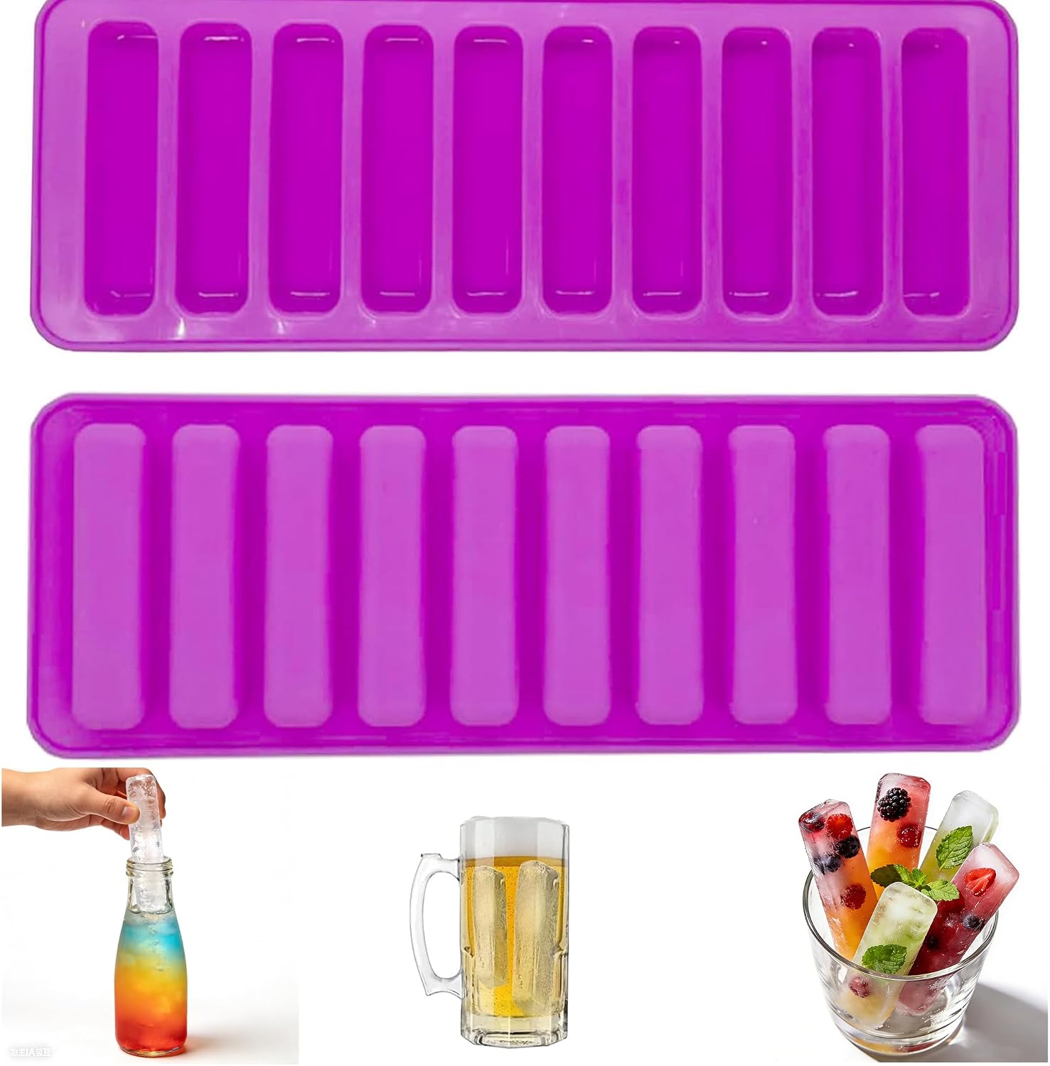 Silicone Ice Mold Long Stick Ice Cube Tray for Water Bottle Silicone Ice Cube Trays for Ice Drinks, Whiskey and Cocktails (Purple, 10 Cubes)