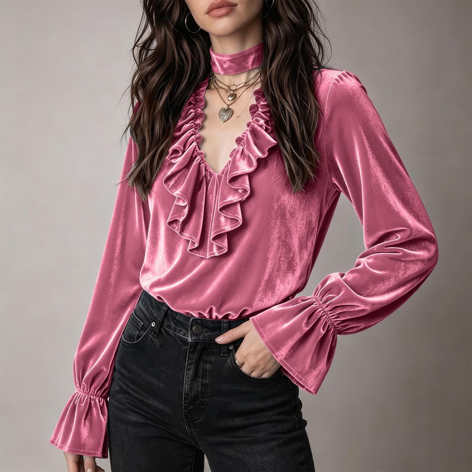 Women's Velvet Choker V Neck Blouse Ruffled Long Sleeve Dressy Top