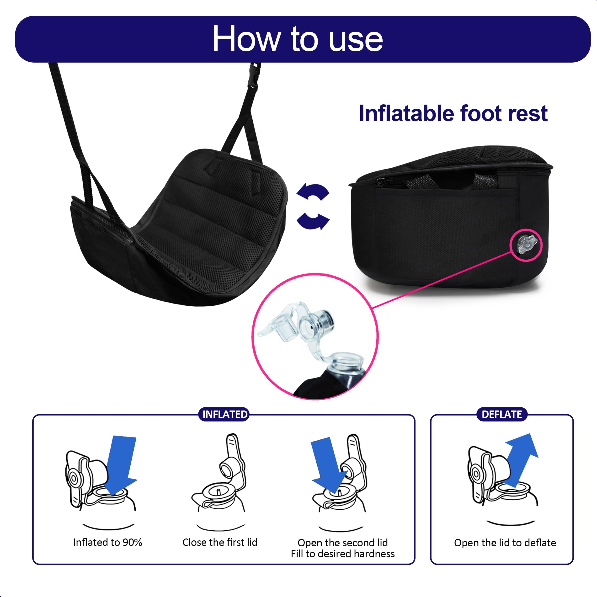 2-in-1 Airplane Footrest Pillow - Inflatable Travel Foot Hammock & Cushioned Foot Pad for Ultimate Comfort on Flights, Travel Accessories, Portable Foot Rest for Flights 2pack, Black