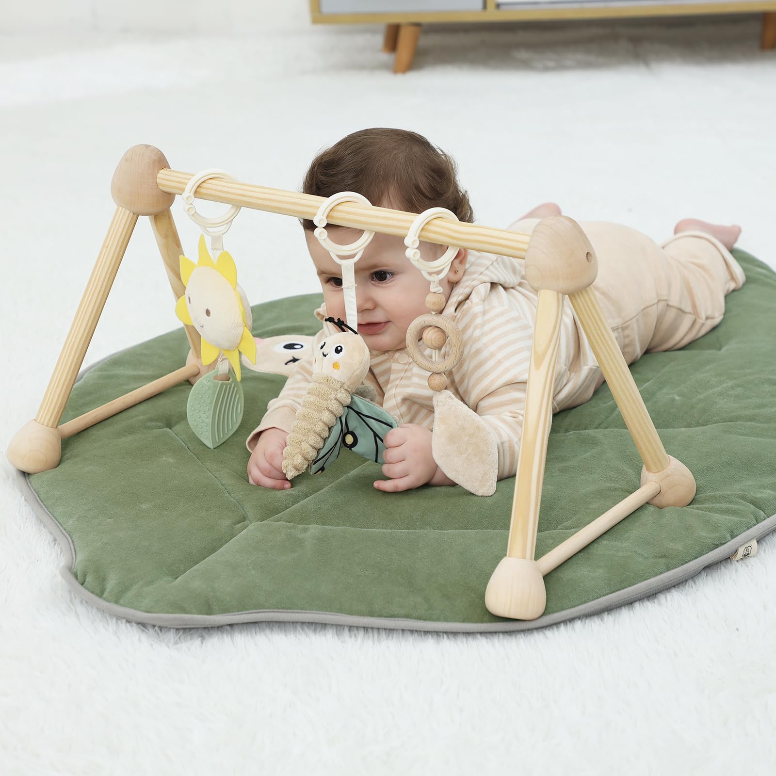 4 IN 1 Blatt Spielbogen Baby, Spielmatte Babies mit Natur Holz Activity Spielbogen, 3 abnehmbaren Spielzeugen zum Greifen, für ab 0-3-6-12-36 Monaten