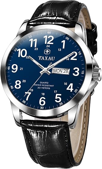 Taxau Mens Watches Leather Strap Men's Wrist Watches Waterproof Watch for Men Big Face Analog Quartz Dress Watch with Day Date