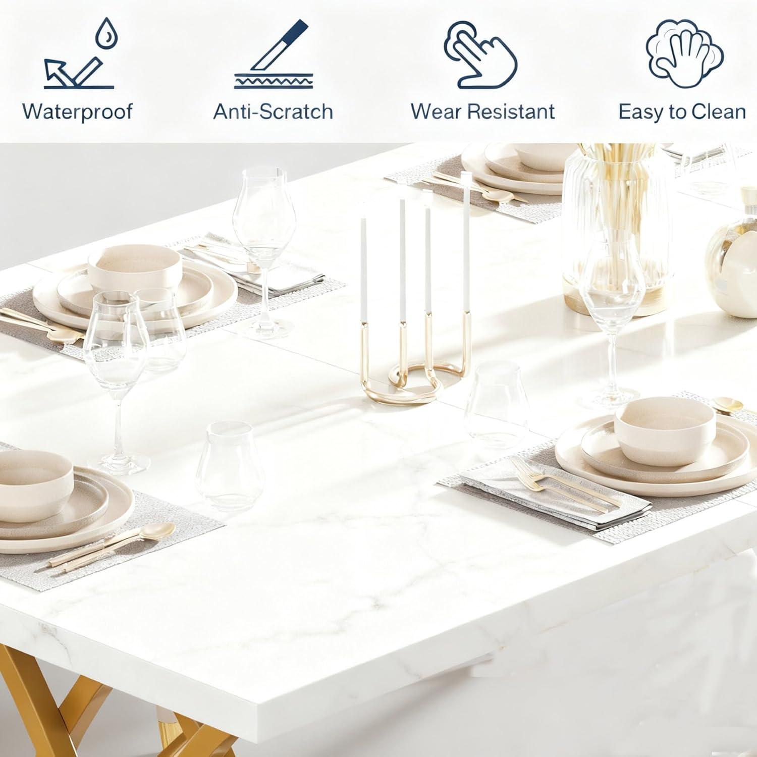 Tribesigns Dining Table for 4-6, Modern Kitchen Table with Marble-Like Print Stickers, White Tabletop and Gold Geometric Legs, 63" Large Rectangular Kitchen & Dining Room Furniture