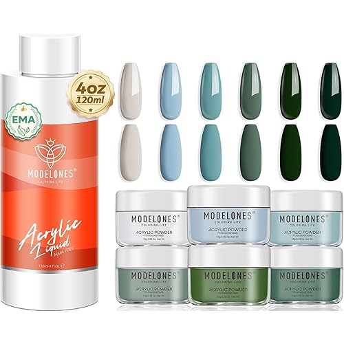 Modelones 6 Colors Blue Green Acrylic Powder Set & 4 oz Monomer Acrylic Nail Liquid
