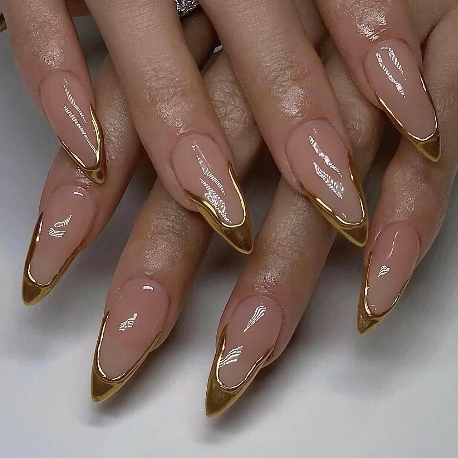 MISUD Press on Nails - Medium Almond Glue on Nails with Gold Chrome, Acrylic 3D French Tip Design 24 pcs