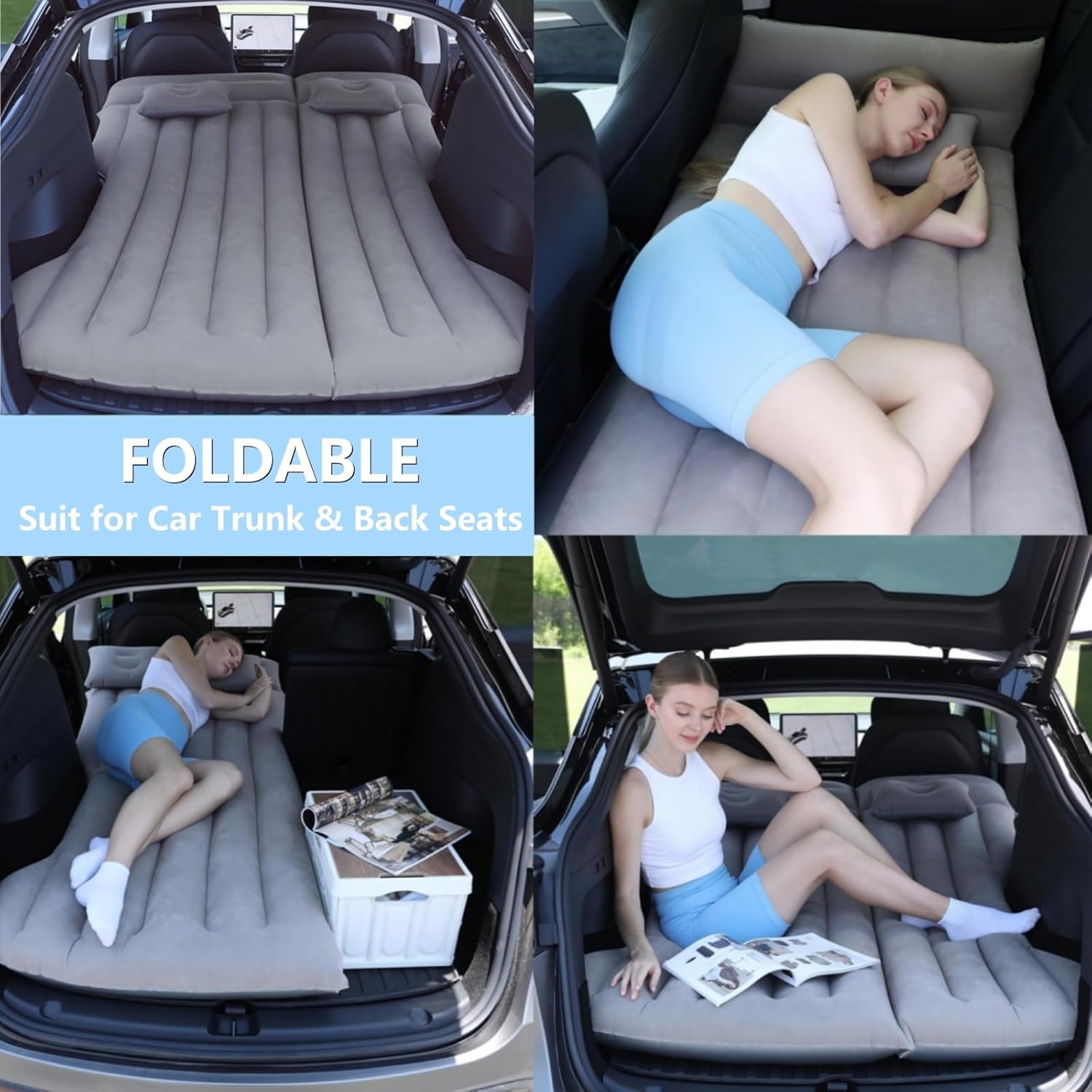 Car Air Mattress Camping Bed, Inflatable Car Bed for Model Y SUV RV Van Truck Backseat Trunk, Portable Sleeping Pad Tent Mat Foldable Mattress for Travel Camping Home
