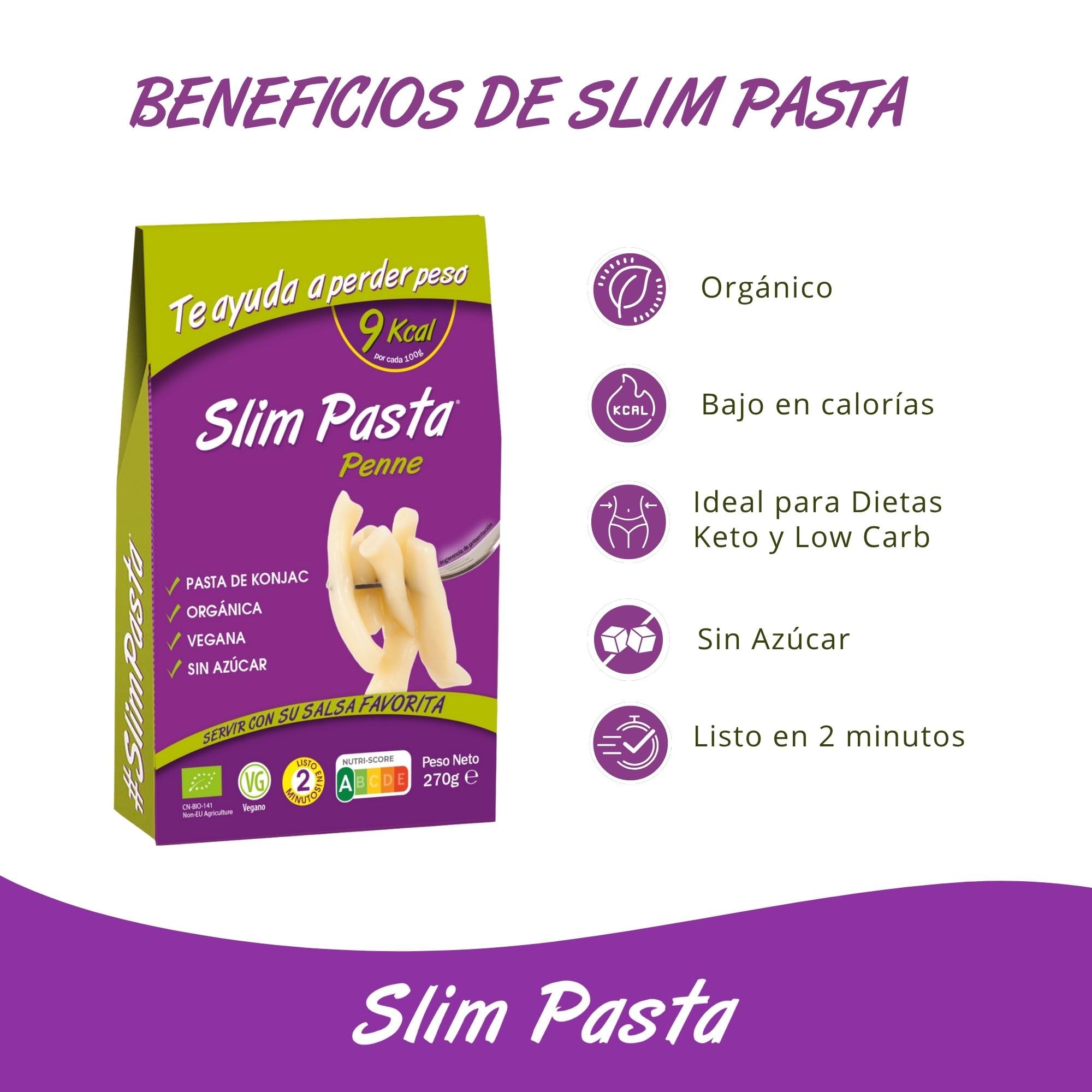 Slim Pasta Pennes de Konjac 270 g Sin Calorías Bajo en Carbohidratos Vegano Keto