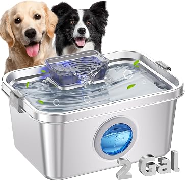 Dog Water Fountain 2 Gal, Stainless Steel Dog Water Fountain for Large Dogs Multi-Cats, Pet Water Fountain with Big Window, Super-Quiet Pump, Indoor Automatic Dog Water Bowl Dispenser Fountain Filters