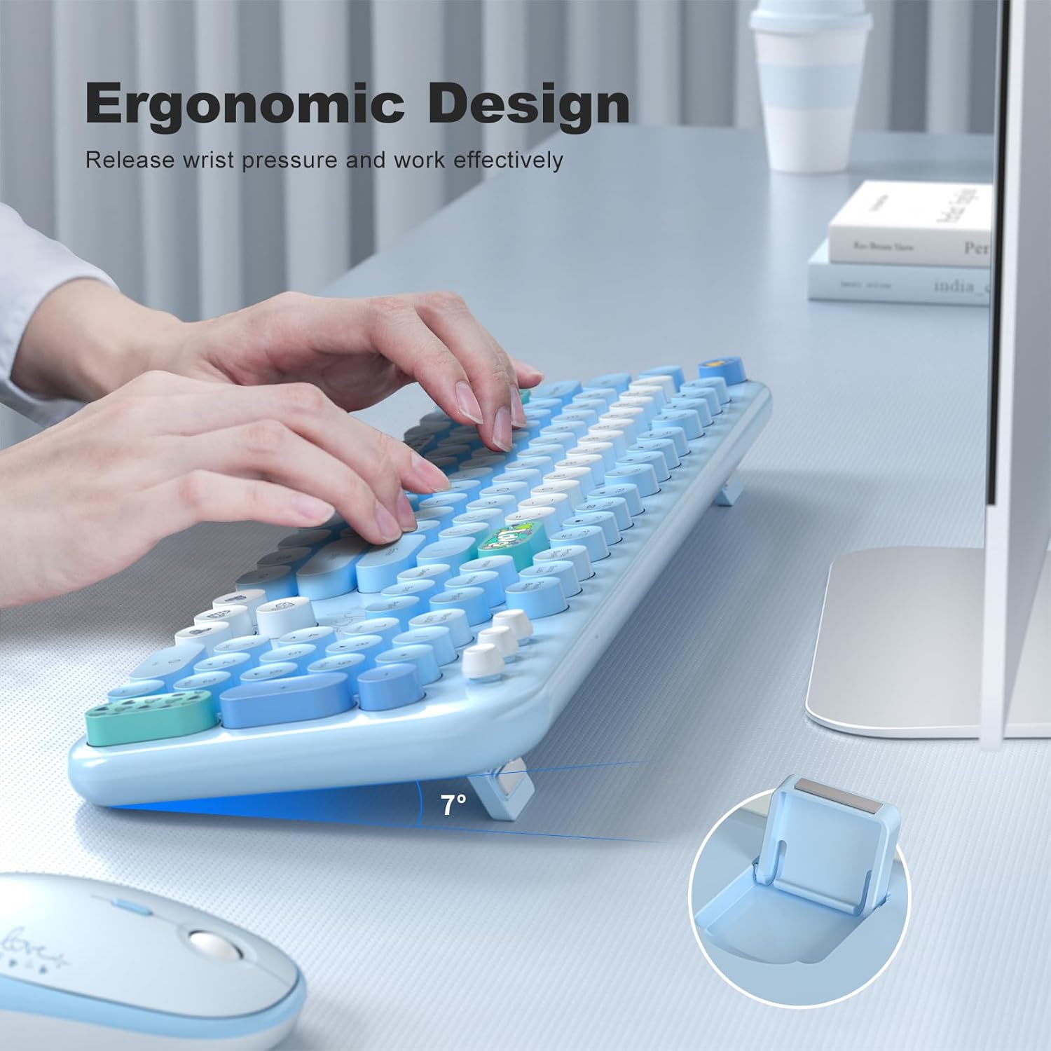 Image showing hands typing on the MOFII keyboard, highlighting its ergonomic design with an adjustable stand set at a 7-degree angle.