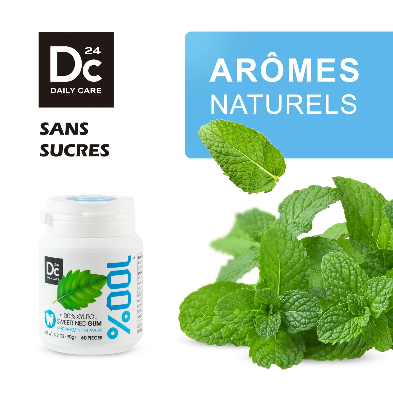 DC24 DAILY CARE 100% Xylitol Gum, sans aspartame, chewing-gum à la menthe poivrée sans sucre, 60 pièces, paquet de 2