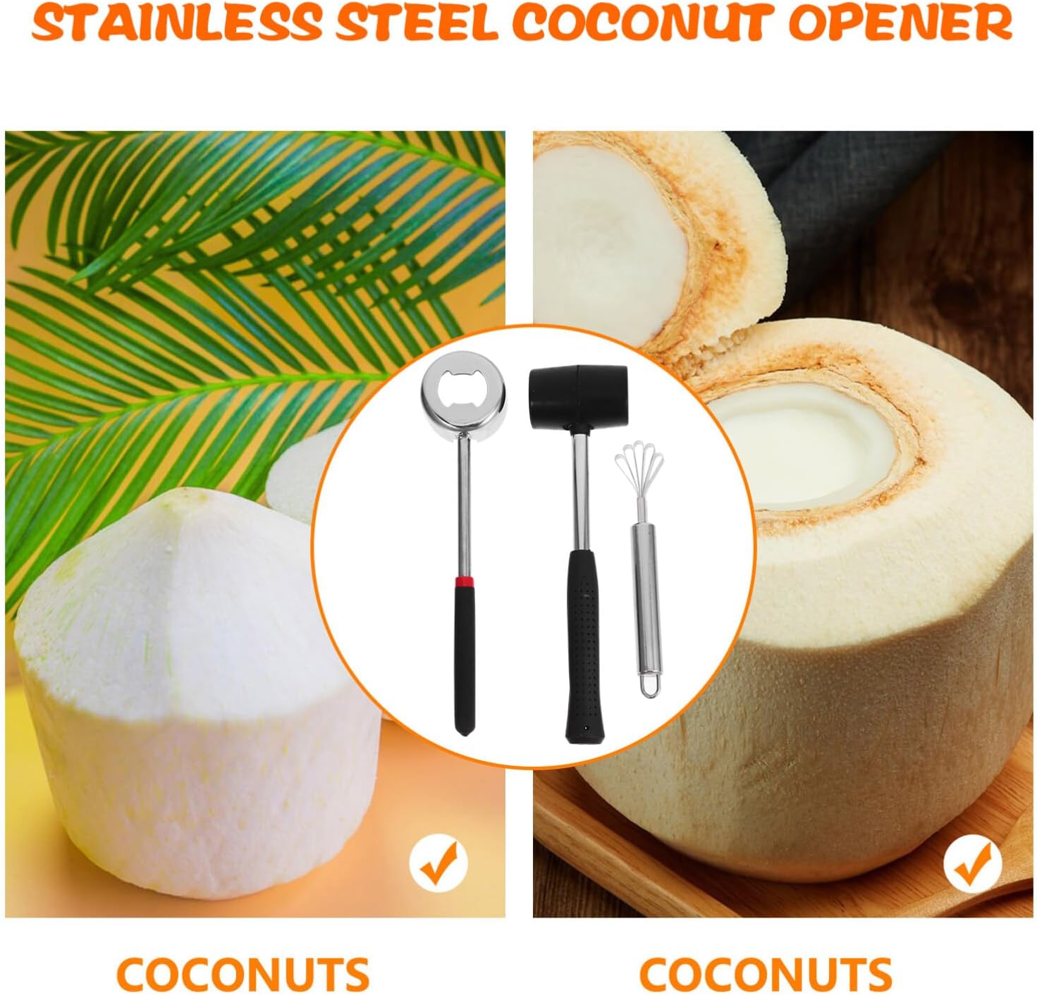 Kichvoe 1set Stainless Steel Coconut Opener Tool Kit for Easy Coconut Opening for Home and Restaurants
