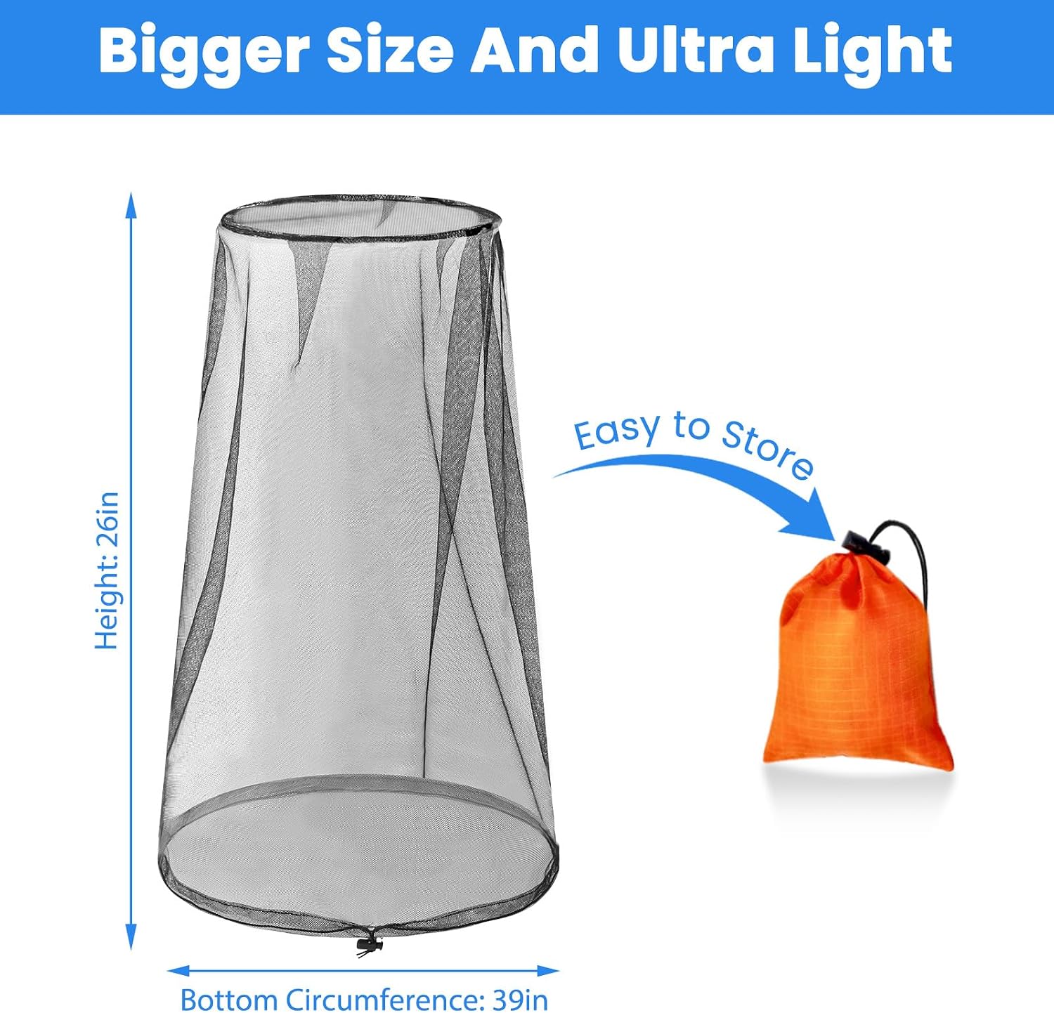 2 Pack Mosquito Head Nets with Drawstring - Ultra Large & Extra Long, Premium Breathable Bug Net for Head, Universal Fit for Hats, Mosquito Net Hat for Hiking, Camping, Fishing, Gardening