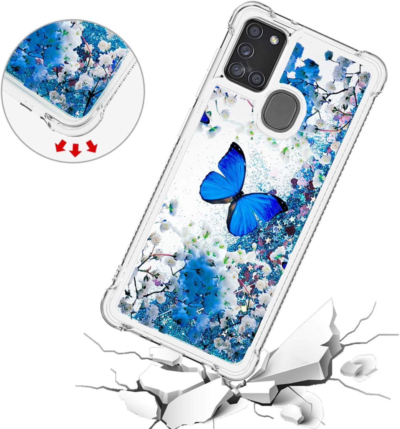CAIYUNL for Galaxy A21S Case with Tempered Glass Screen Protector,Glitter Bling Floating Liquid Sparkle Quicksand Women Girls Clear TPU Cute Phone Case Protective for Samsung Galaxy A21S -Butterfly