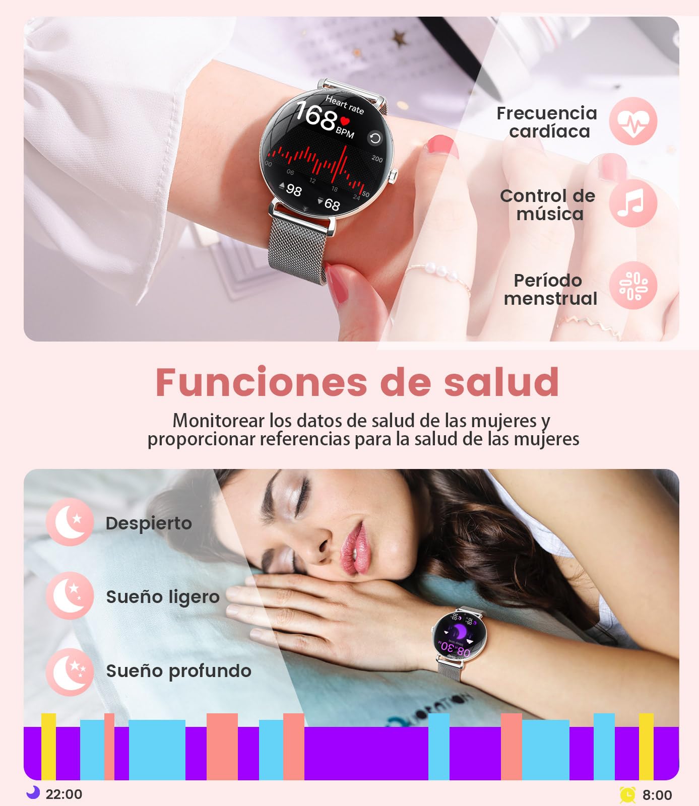 SUNKTA Reloj Inteligente Mujer Ligero con Pantalla Curva AMOLED Ultra Fina Bluetooth Llamadas IP68 Impermeable Podómetro/Frecuencia Cardíaca 100+ Modos Deportivos Elegante Smartwatch para Android iOS